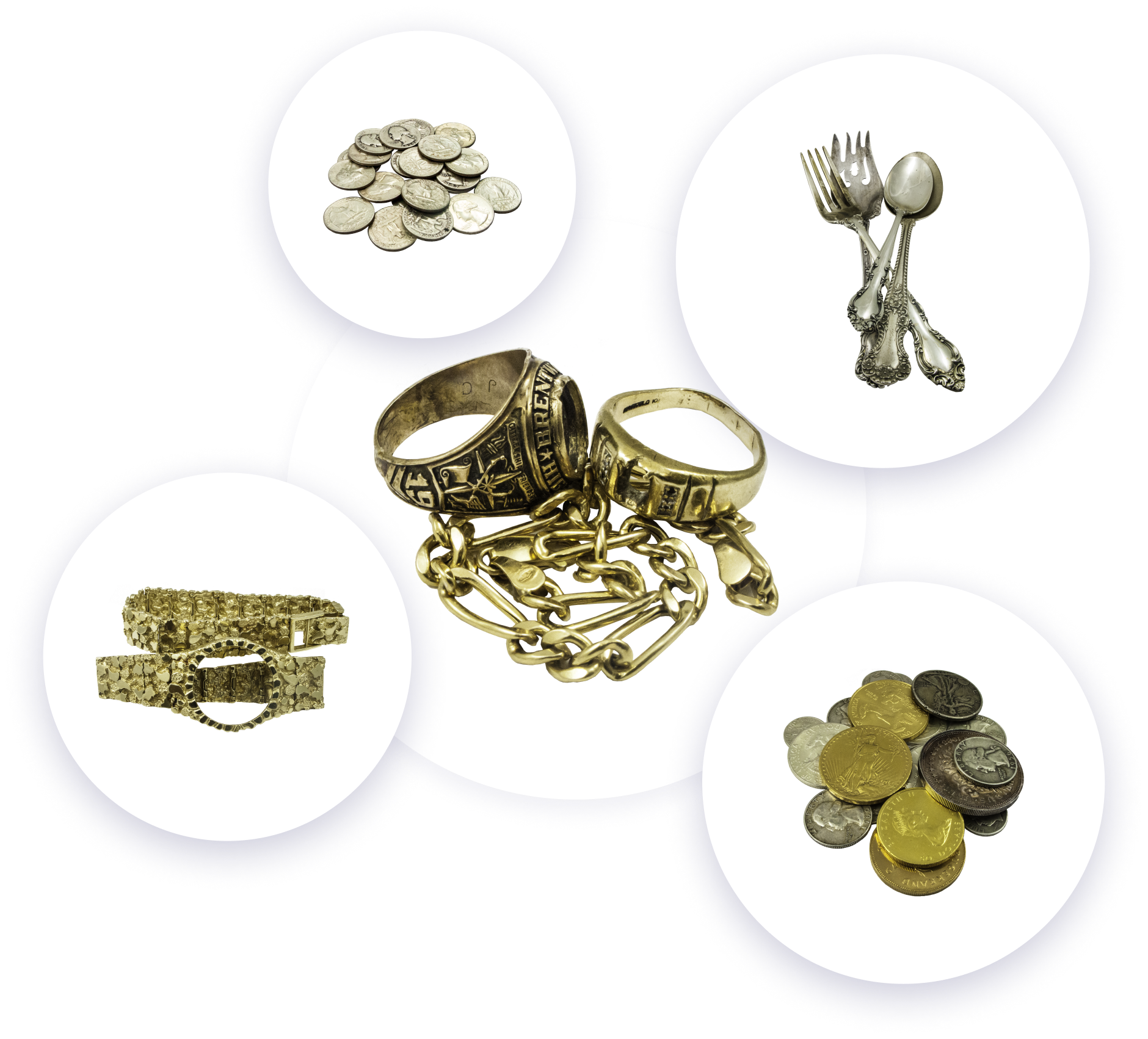 Gold Jewelry, Silver Flatware, Gold & Silver Coins